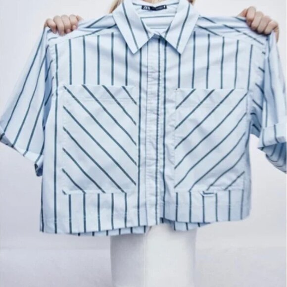 ZARA Light Blue Short-Sleeve Striped Cropped Shirt - Size XS NWT - Picture 7 of 8